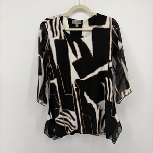 JM Collection Womens Petite Small Black Abstract 3/4 Sleeve Sheer‎ Hem Blouse